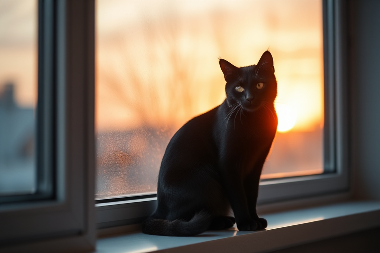 Generate a high-resolution image of a sleek black cat sitting on a windowsill during sunset with soft lighting, using a DSLR camera with a 50mm lens, aperture f/1.8, ISO 200, and a shallow depth of field.