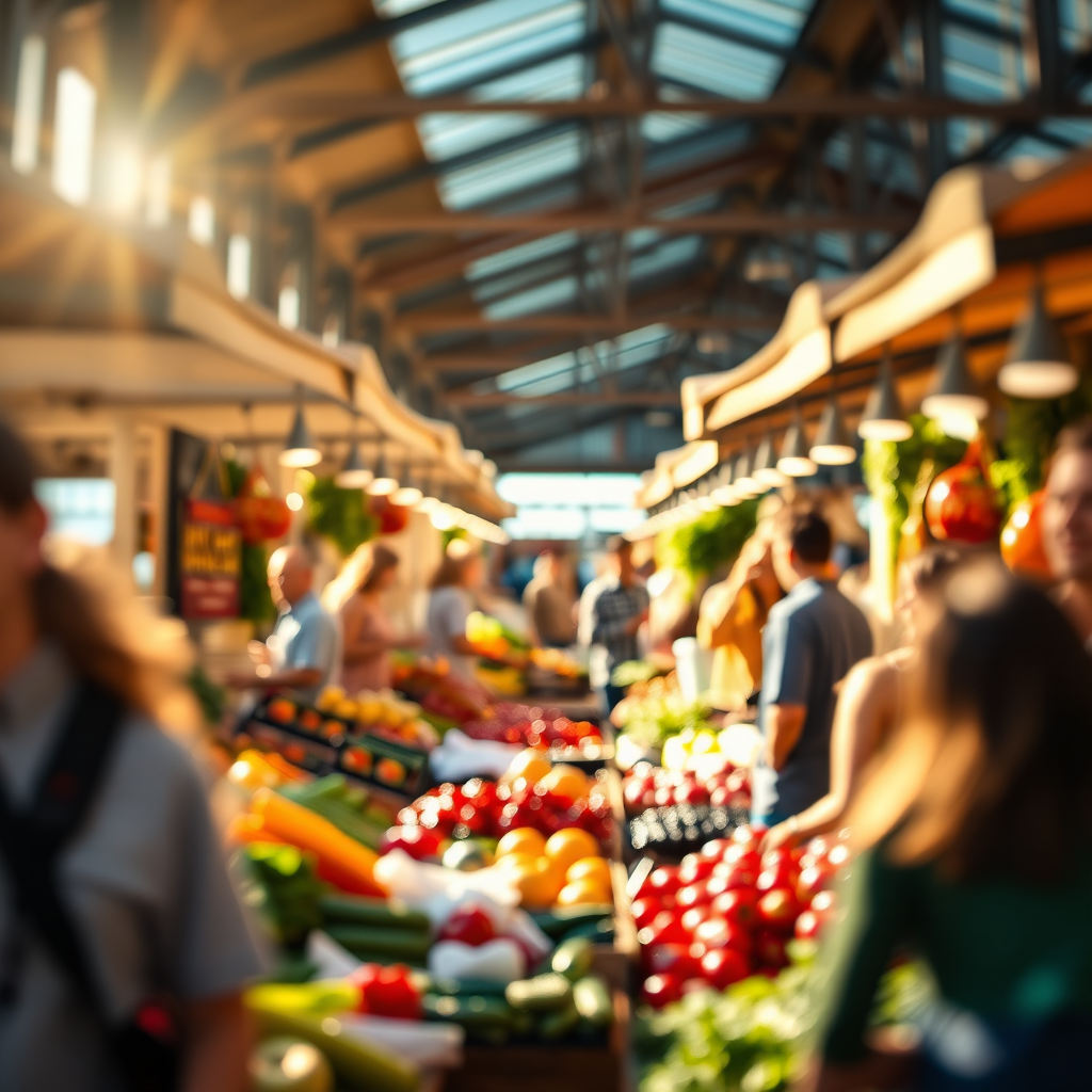 Blurry candid shot of a lively farmer's market, with vendors displaying fresh produce, soft sunlight illuminating the vibrant colors, and shoppers happily browsing.