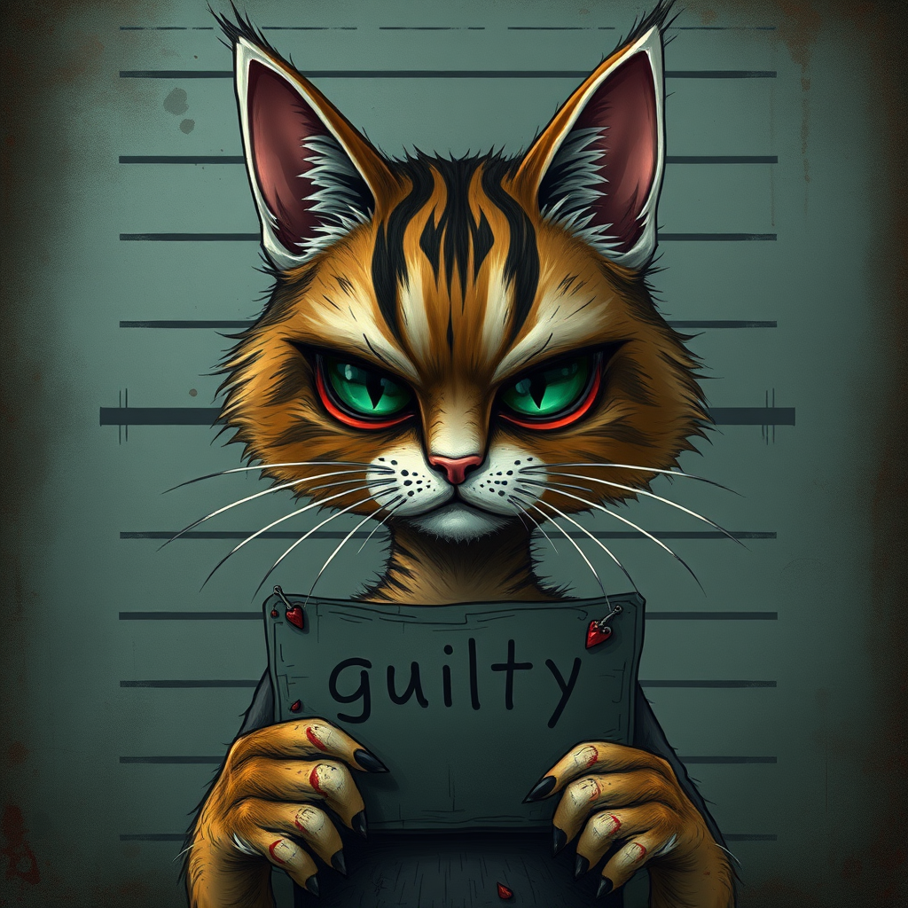A comical cartoon-like scruffy cat, battered, dirty, with a mug shot and 'guilty' written on the board, in a whimsical and surreal art style with dark fantasy themes, dramatic lighting effects, minimalist and abstract touches, hyper-realistic details, textured backgrounds, vintage aesthetics, playful and exaggerated characters, gothic aesthetics, intricate designs, detailed patterns, and artistic composition