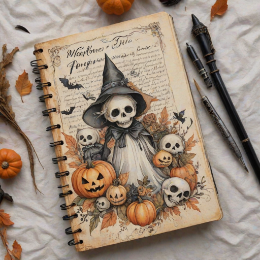 Design a detailed watercolor, vintage-inspired Halloween-themed imagery for a cottagecore junk journal. The design features a spooky yet shabby chic aesthetic with handwritten elements in faded ink, showing slight wear. Include pumpkins, cute ghosts, and adorable skulls alongside autumn florals, all rendered in soft pastel colors like pale orange, cream, and black for accents. The imagery has a slight worn or parchment texture, creating a nostalgic feel. The high-resolution image has no blur, contrast, or grainy textures, and is filled with intricate details in 8k definition.