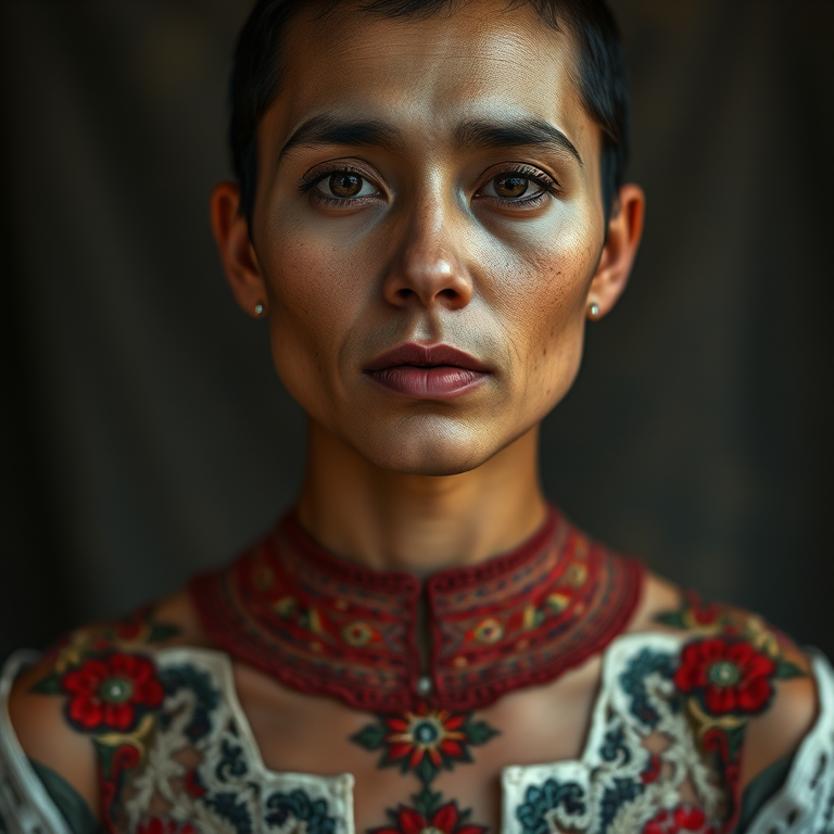 Face, shoulders, chest covered in openwork Druze embroidery. Raw, unedited image.