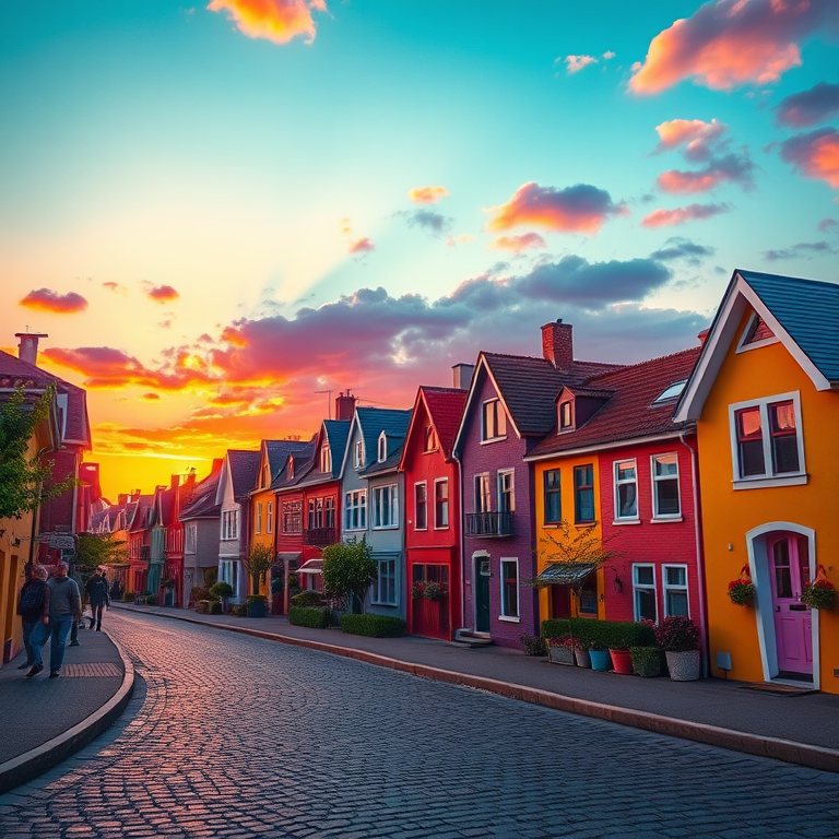 Generate a high-quality 3D rendering of a colorful neighborhood at sunset with stylized houses lining a cobblestone street, with warm orange and purple hues in the sky, using a DSLR camera, settings at f/8 aperture, ISO 100, 24mm focal length, and a low angle perspective for depth.