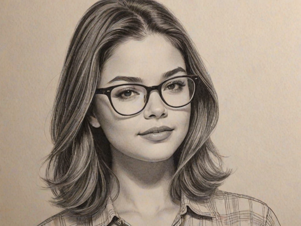 Captivating Danielle Campbell, pencil sketch, portrait of Attractive woman 1958s in glasses, hair style beatnik, outline, clear lines, fine lines, 8k