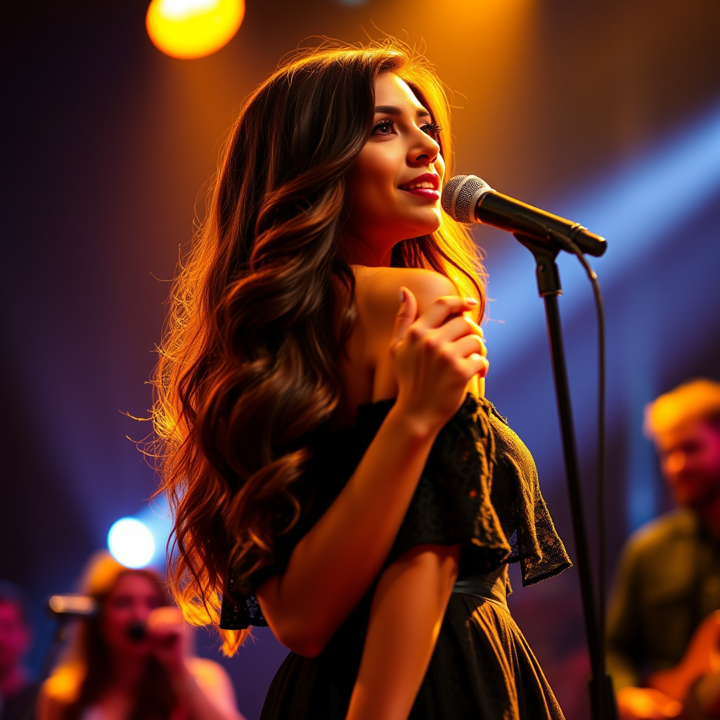 A mia khalifa with long, flowing brown hair is standing in the center of the frame, holding a microphone in her right hand, and looking slightly off to the right side of the frame. She is wearing a black, off-the-shoulder dress with delicate lace detailing. The lighting is warm and dramatic, creating a spotlight effect on the singer. There are other figures in the background, blurred and out of focus, suggesting a concert or performance setting. The camera angle is low, capturing the woman from the waist up. The overall atmosphere is intimate and captivating.