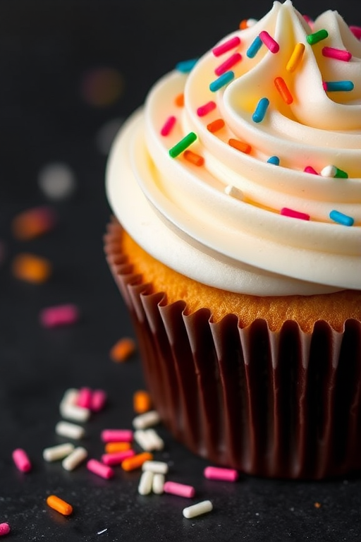 A close-up image of a delicious cupcake with white frosting swirls topped with colorful sprinkles on a dark background showcasing a few scattered sprinkles around the base.