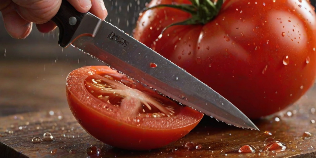High-resolution close-up of a chef's knife slicing through a ripe tomato, droplets of juice caught mid-air, with the vibrant red of the tomato contrasting against a wooden cutting board.