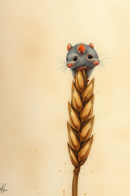 Soft, muted Alcohol Ink with ebru effect background image of tiny whimsical rat, who climbed high on the top of a golden rye ear.