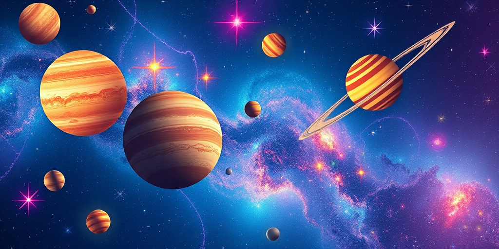 Create a vibrant digital illustration of a cosmic scene featuring colorful planets, swirling galaxies, and shooting stars on a deep blue starry background, captured with a Canon EOS R5, 24mm lens, f/8 aperture, ISO 100, and a wide-angle view to enhance the spatial depth and color saturation in a high-resolution style.