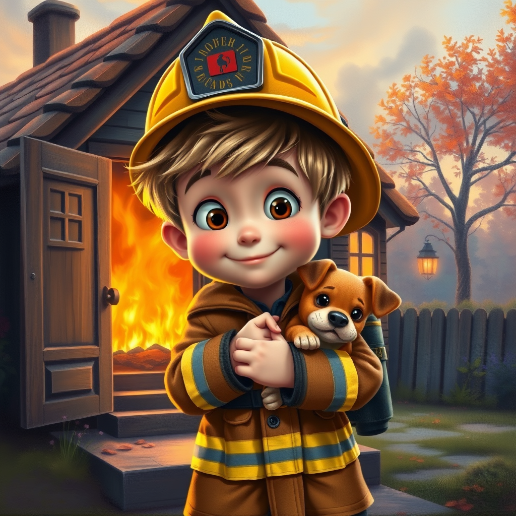 airbrushed oil painting, pixar style, cute little boy in fireman gear, helmet, tousled hair, expressive eyes, standing in the doorstep of a cottage burning behind him, holding a cute little dog in his arm, atumn sky