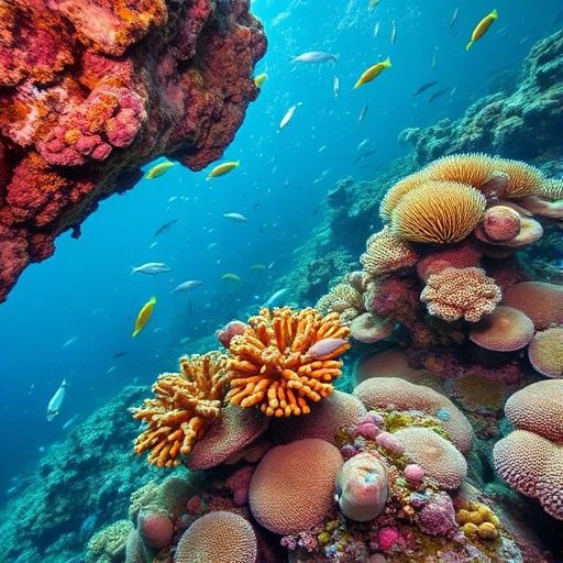 Underwater scene with vibrant coral reefs and diverse fish species, capture at 24mm focal length, f/11 aperture, ISO 200, using a full-frame DSLR with macro settings for enhanced detail and clarity in low light conditions.