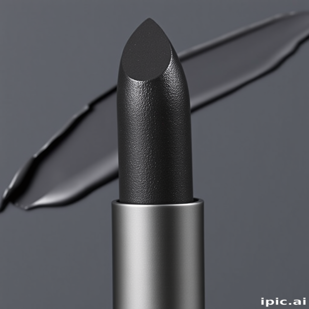 Charcoal gray lipstick with a suede-like finish, called "Smoky Quartz," boasting a unique texture that appears both matte and metallic