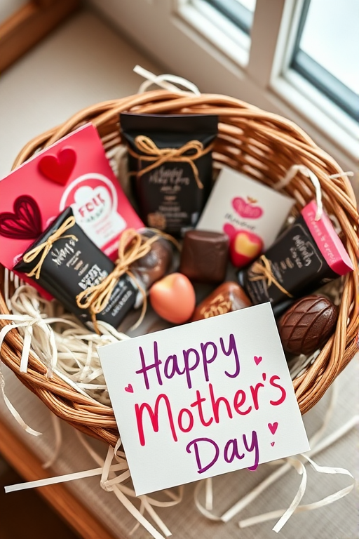 Create an image of a woven basket filled with assorted chocolates tied with twine, surrounded by soft white straw, and a colorful handwritten card that says "Happy Mother's Day," using a Canon EOS R5, 50mm f/1.8 lens, aperture set to f/2.8, ISO 100, soft natural lighting from a window, and a slightly overhead angle for depth.
