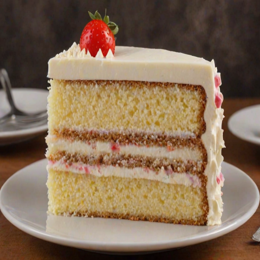 Generate an image of a slice of cake with three distinct layers. The cake should have a light yellow sponge with a smooth, creamy frosting between the layers. The frosting should be a pale color, and the outside of the cake should be neatly frosted. The scene should be well-lit, showcasing the texture of the cake and frosting clearly.