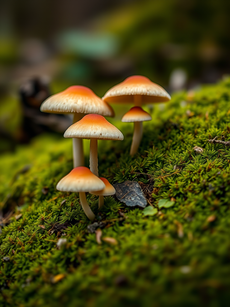 mushrooms growing on mossy ground, macro view, shallow depth of field, f/2.8, ISO 200, 50mm lens, natural lighting, DSLR camera