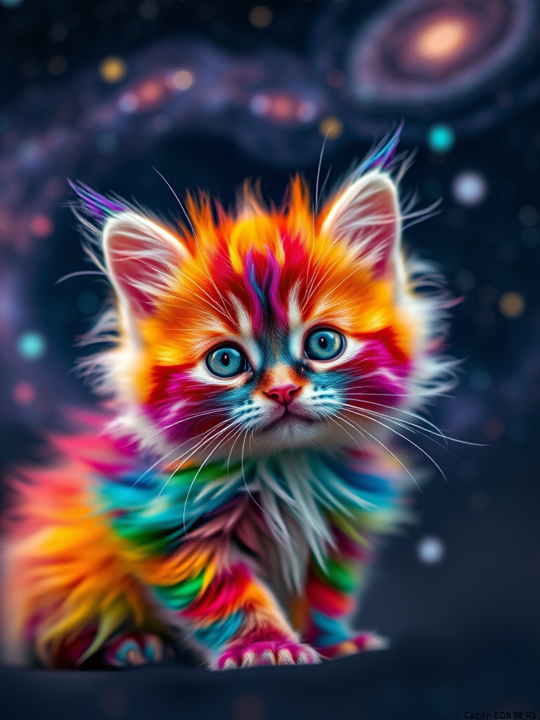 A colorful fluffy kitten with a vibrant rainbow fur pattern and glowing eyes, set against a cosmic background filled with swirling galaxies and stars, captured with a Canon EOS R5, 50mm lens, f/1.8 aperture, ISO 100, low-angle view, soft focus background for depth, high dynamic range for enhanced color saturation.