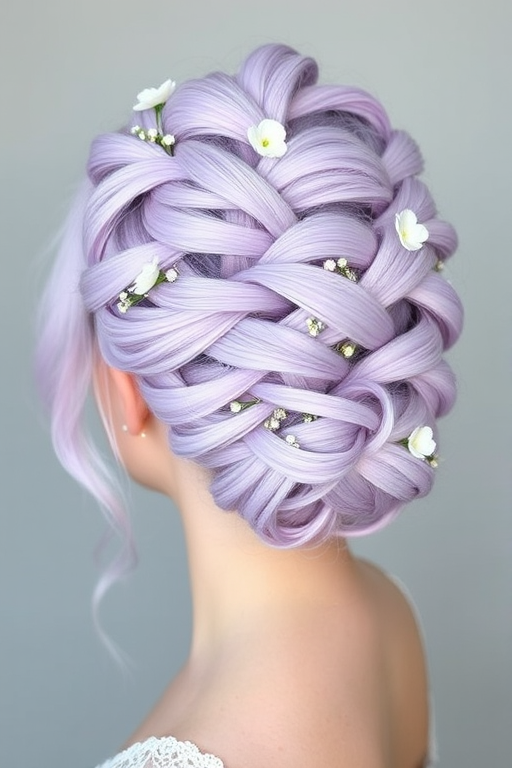 Pastel lavender locks arranged in an intricate braided updo with wispy tendrils framing the face, adorned with delicate floral accessories for an ethereal and dreamy appearance named Lilac Whimsy