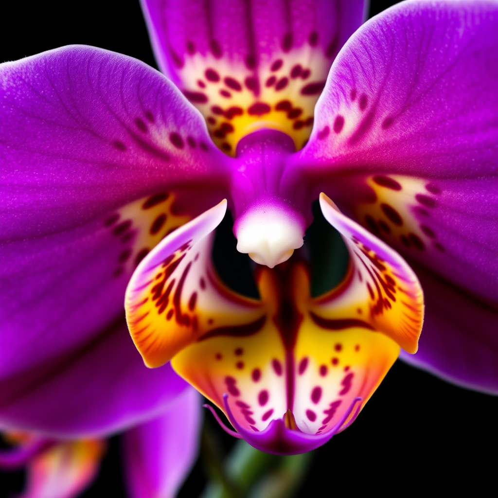 Create a realistic close-up image of a vibrant purple orchid with intricate yellow and brown patterns on its petals, set against a solid black background.