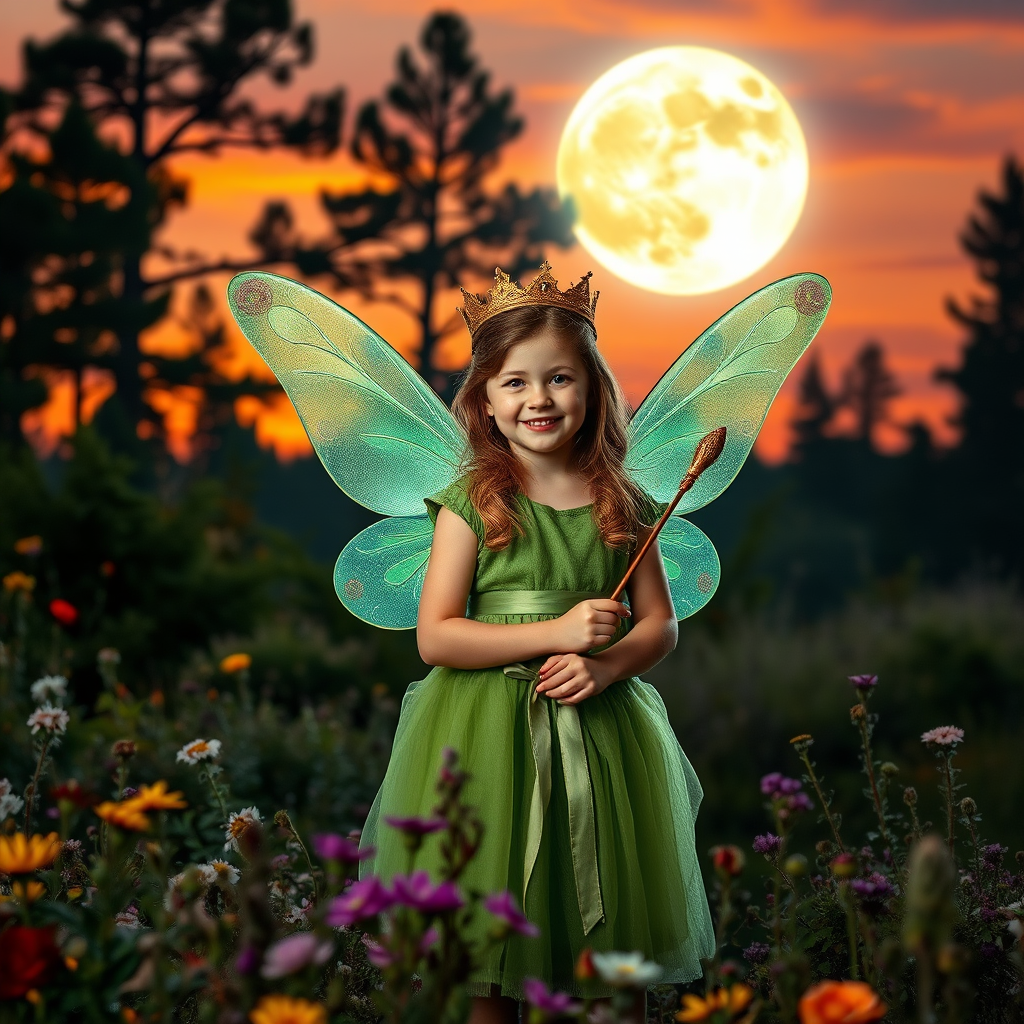 A vivid photo  taken under a bright camera flash of a fantastical scene set against a backdrop of a forest during sunset. The main subject is a girl dressed as a fairy, adorned with translucent wings and a green dress, holding a wand, her face is happy, and she wears a crown on her head. The forest behind her is a blend of flowers, shrubs and trees. The sky is painted in hues of orange and pink, with a large, glowing moon casting a warm glow over the scene. The overall color palette is dominated by earthy tones.