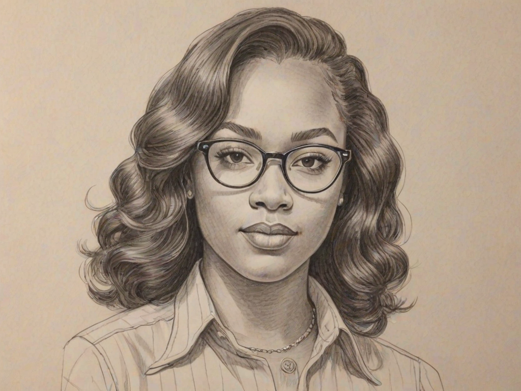 Dazzling Breonna Taylor, pencil sketch, portrait of Splendid woman 1973s in glasses, hair style beatnik, outline, clear lines, fine lines, 8k