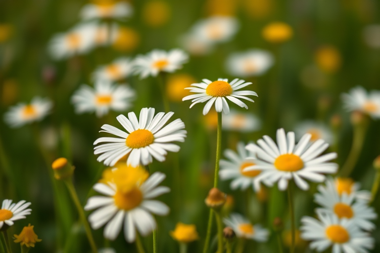 capture a close-up of white daisies and yellow wildflowers in a lush green field with soft bokeh background, f/2.8, 1/200s, ISO 200, 50mm lens, natural light, DSLR photography