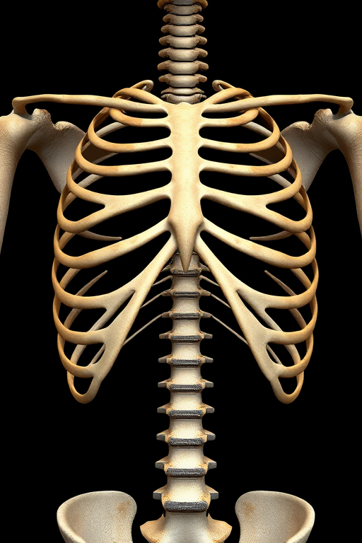 Regenerate an anatomical illustration of a ribcage with detailed shading, high-resolution, camera settings: f/8, ISO 100, 1/125s, camera view from slightly above, camera style: realistic, camera type: DSLR.