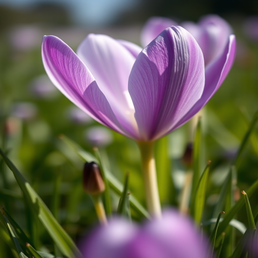capture a close-up of a purple and white flower in a lush green field with a shallow depth of field, aperture f/2.8, ISO 100, 50mm lens, natural lighting, macro photography style, full frame camera