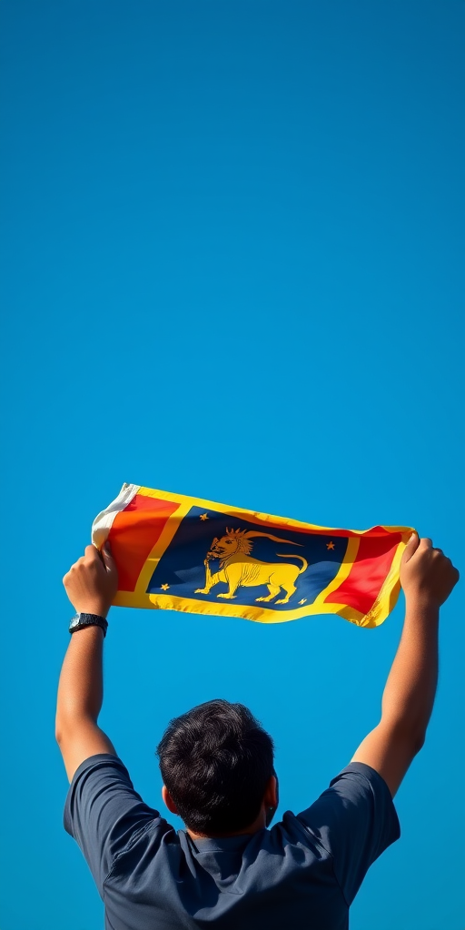 A person holding the Sri Lankan flag high against a clear blue sky, shot with a Nikon D850, 85mm lens, f/1.8 aperture, ISO 200, natural lighting, focus on the flag, shallow depth of field.