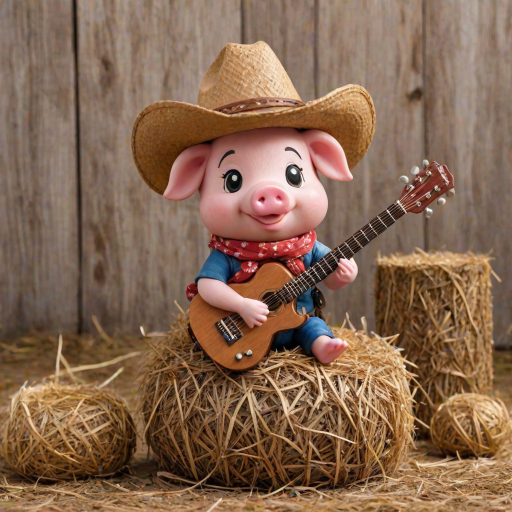 A chibi pig, dressed as a cowboy, playing guitar, sitting on a hay bale