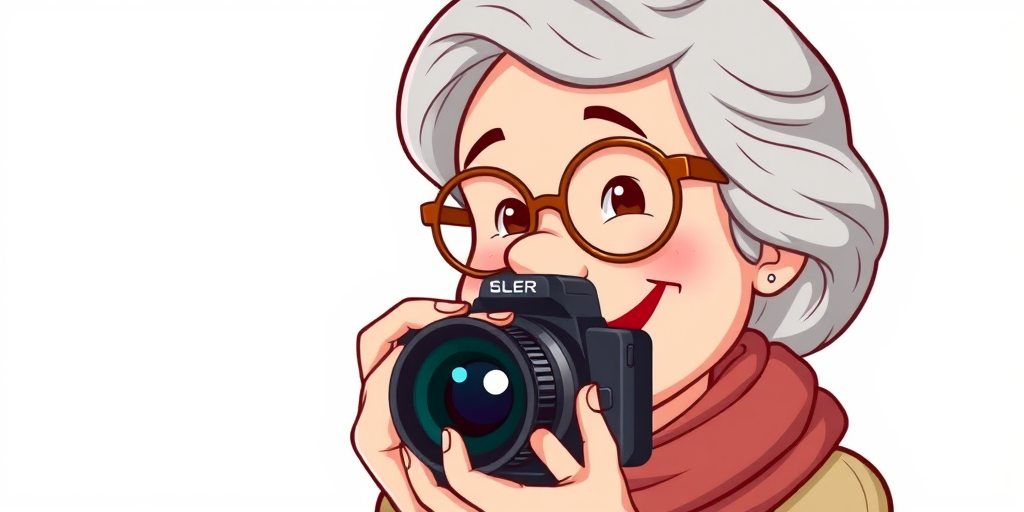 Generate a cartoon illustration of a cheerful elderly woman with glasses and gray hair, wearing a scarf, set against a plain white background, using a DSLR camera with a 50mm lens, aperture f/1.8, ISO 200, and a soft focus style to enhance the image quality.