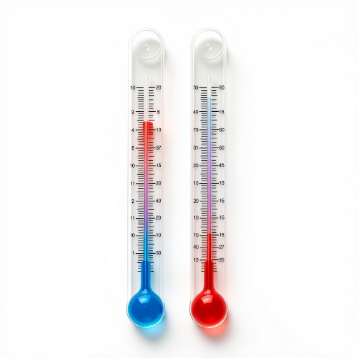 Create a high-resolution vector-style illustration of two laboratory glass thermometers, one red and one blue, with a simple white background, using a DSLR camera with a 50mm lens at f/1.8, ISO 100, shutter speed 1/200s, in a flat lay composition for sharp detail and vibrant colors.
