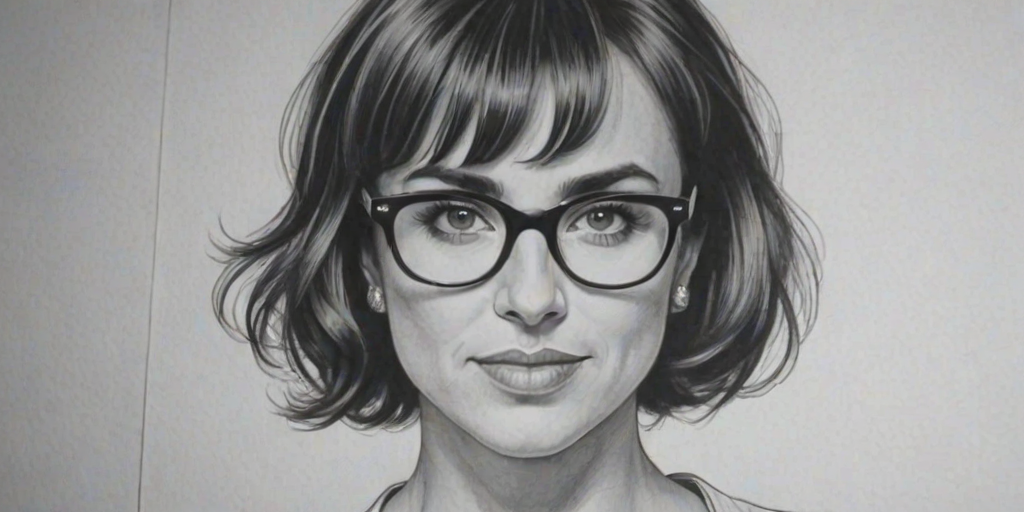 Resplendent Constance Zimmer, pencil sketch, portrait of Alluring woman 1939s in glasses, hair style beatnik, outline, clear lines, fine lines, 8k