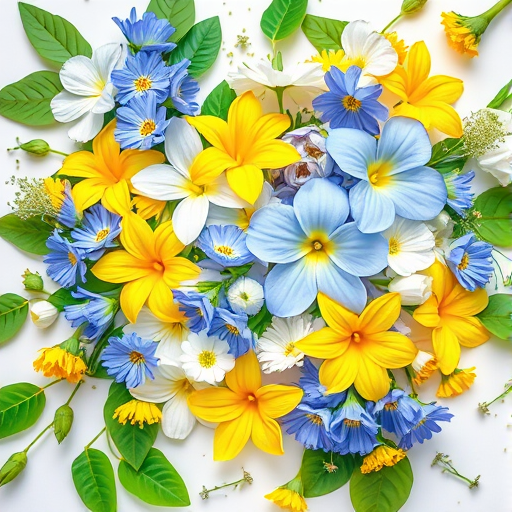Create a vibrant floral arrangement featuring blue, white, and yellow flowers with green leaves on a blank white background, captured with a Canon EOS R5, 50mm lens, f/2.8 aperture, ISO 100, in natural light for enhanced color and detail.