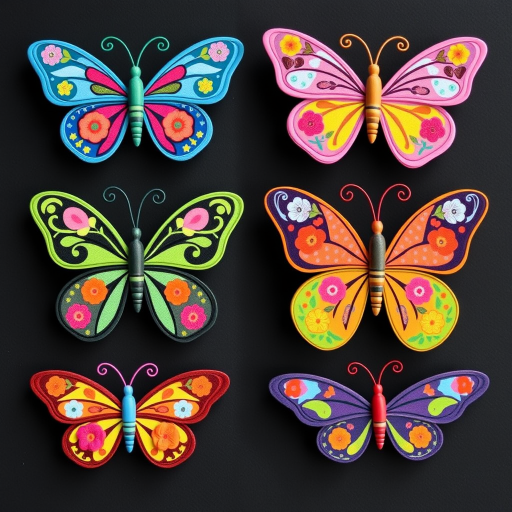 Create an image of six colorful butterflies arranged in two rows. Each butterfly should have unique patterns and vibrant colors, featuring floral designs and decorative elements. The style should be whimsical and playful, appealing to a cheerful aesthetic.