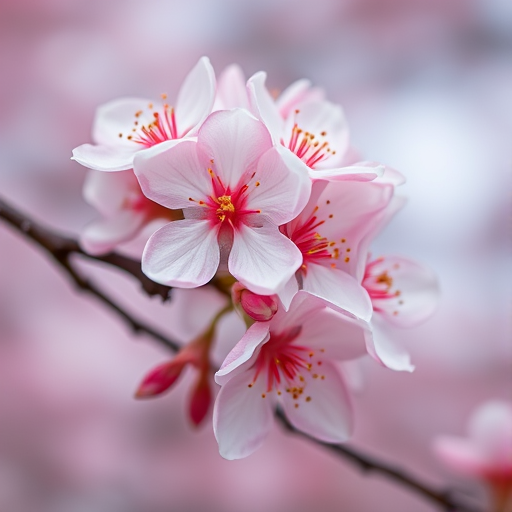 Close-up of cherry blossom flowers with a soft focus background, aperture f/2.8, shutter speed 1/500s, ISO 100, macro lens, natural light, DSLR camera.