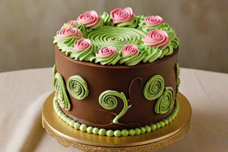 Create an elegant two-tier cake with a rich chocolate brown frosting and decorative green and pink buttercream swirls. The top tier should feature intricate rosettes and a garland design, with gold accents and small decorative elements throughout. Place the cake on a golden pedestal stand against a soft, neutral background.