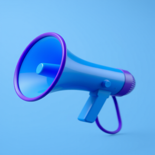 Create a 3D render of a vibrant, stylized megaphone with a blue body and a purple rim, using a 35mm lens, f/2.8 aperture, ISO 100, 1/100s shutter speed, with a clean, blurred background and soft lighting to enhance colors and details.