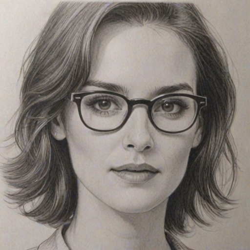 Charming Winona Ryder, pencil sketch, portrait of Lovely woman 1978s in glasses, hair style beatnik, outline, clear lines, fine lines, 8k