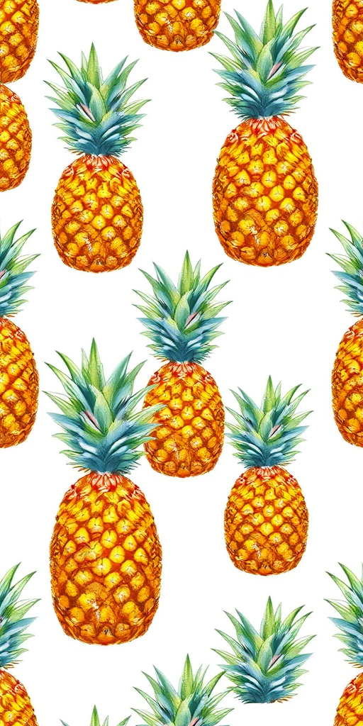 Create a detailed illustration of pineapples in a repeating pattern on a white background, using a high-quality digital drawing technique, with a focus on sharp lines and shading, shot with a Canon EOS R5 camera using a 50mm f/1.2 lens, aperture set to f/8 for depth of field, at a resolution of 300 dpi.