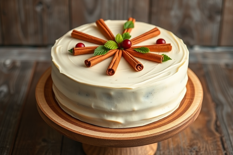 A beautifully decorated cake with a smooth, cream-colored frosting topped with cinnamon sticks, fresh cranberries, and green leaves arranged in a circular pattern on a wooden cake stand with a rustic background.