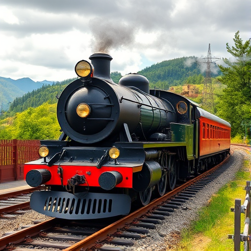 regenerate a vintage steam locomotive in a scenic railway setting using a DSLR camera with a 50mm lens, aperture f/2.8, ISO 100, and a shallow depth of field for enhanced details and vibrant colors