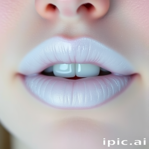 Frosted white lips with a pearlescent sheen, called "Arctic Whisper," featuring a cool undertone and a unique, snow-inspired aesthetic