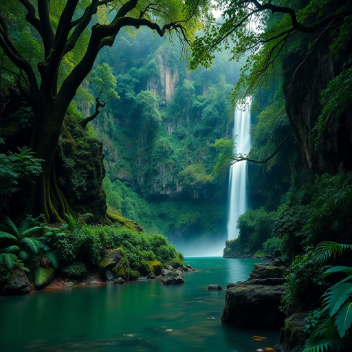 A lush, mythical jungle landscape with a grand waterfall cascading into a serene river surrounded by towering ancient trees and mystical rock formations, shot with a Canon EOS R5 at f/8, ISO 100, 24mm focal length, in landscape orientation with soft natural lighting and high dynamic range.