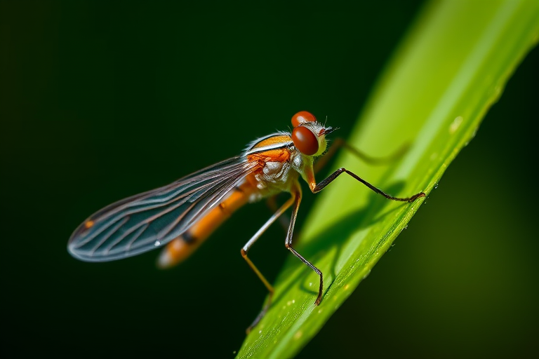 Close-up of a mayfly perched on a green leaf with intricate wing patterns, captured with a DSLR camera at f/4, 1/200s shutter speed, ISO 100, macro lens with a shallow depth of field and natural lighting for enhanced detail and vibrant colors.
