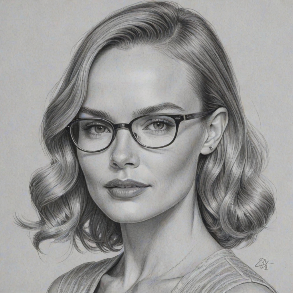Radiant Kate Bosworth, pencil sketch, portrait of Fascinating woman 1936s in glasses, hair style beatnik, outline, clear lines, fine lines, 8k