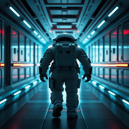 A futuristic hallway scene featuring a lone astronaut in a detailed space suit walking toward a glowing exit, captured with a Canon EOS R5 using a 24-70mm f/2.8 lens at ISO 100, aperture f/4, shutter speed 1/200s, in a low-angle perspective for dramatic effect, cinematic lighting, emphasizing the details of the suit and the neon accents of the corridor.