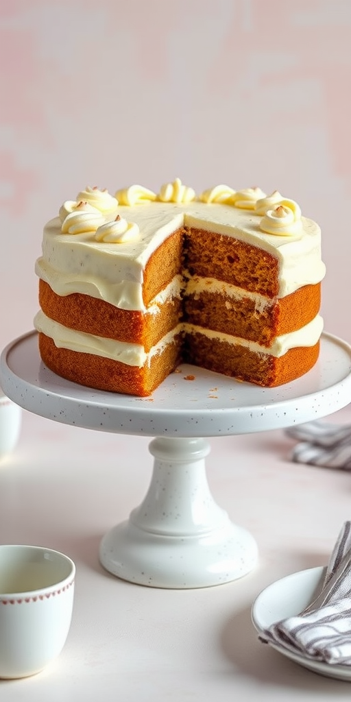 A beautifully decorated carrot cake with cream cheese frosting on a white speckled cake stand, partially sliced to reveal multiple layers filled with grated carrots and nuts, set against a soft pastel background with a cup and a striped napkin nearby.