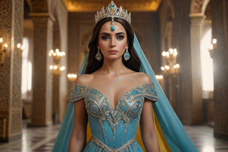 A gorgeous Coptic woman in a luxurious cyan gown, accessorized with a dazzling tiara and statement earrings, her deep Yellow eyes highlighted by impeccable makeup, poised in a royal setting, photorealistic, 8K quality