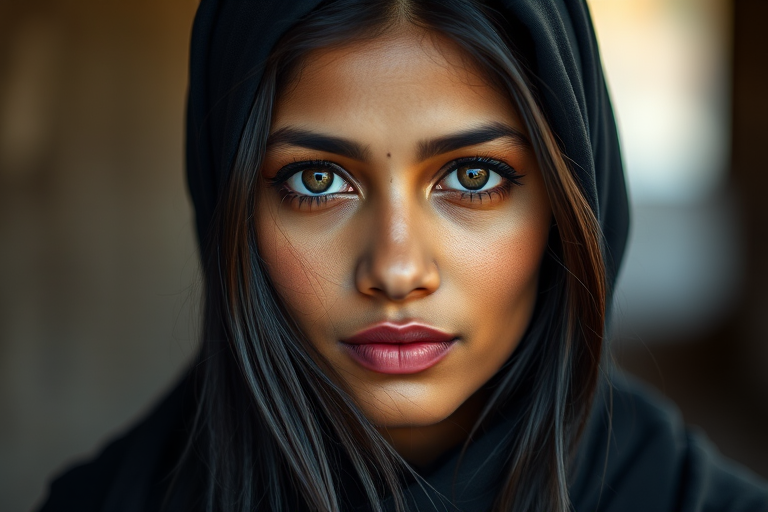 Create a portrait of a young Indian woman with long, dark hair and captivating hazel eyes. She is wearing a black headscarf and a matching scarf draped gracefully around her neck. The background is softly blurred, focusing attention on her serene and natural expression. The overall color palette is muted and warm, enhancing the intimate and authentic feel of the portrait.