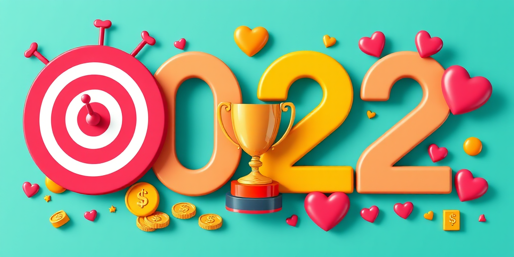 Create a vibrant digital illustration of the year 2022, featuring a target symbol, trophy, dollar coins, a light bulb, and hearts in a playful layout on a teal background, shot with a Canon EOS R5 at f/8 for sharp depth of field, ISO 100, and a 24mm lens for wide perspective, enhancing colors and clarity.