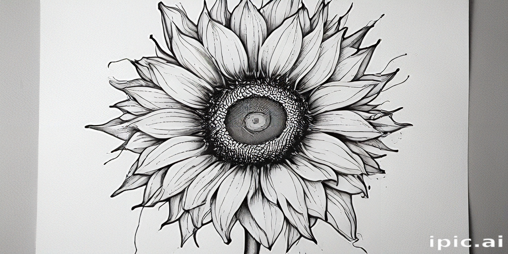 Intricate Black and White Illustration of a Detailed Sunflower Blossom.